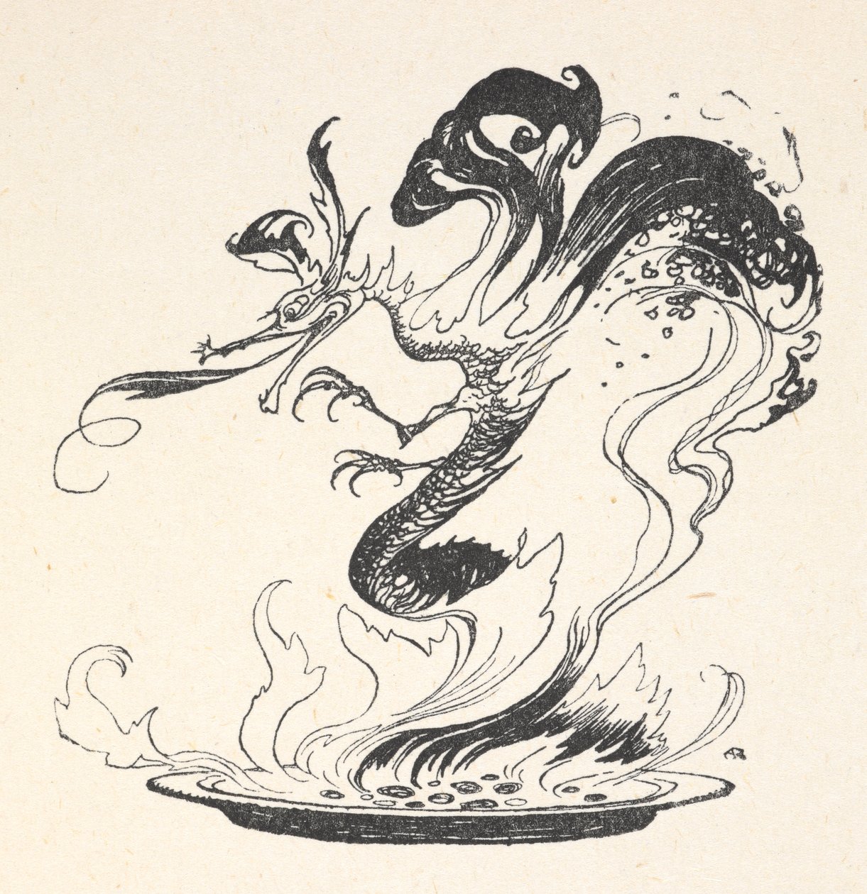 Un dragón saliendo de un plato de dinero ardiendo de Arthur Rackham