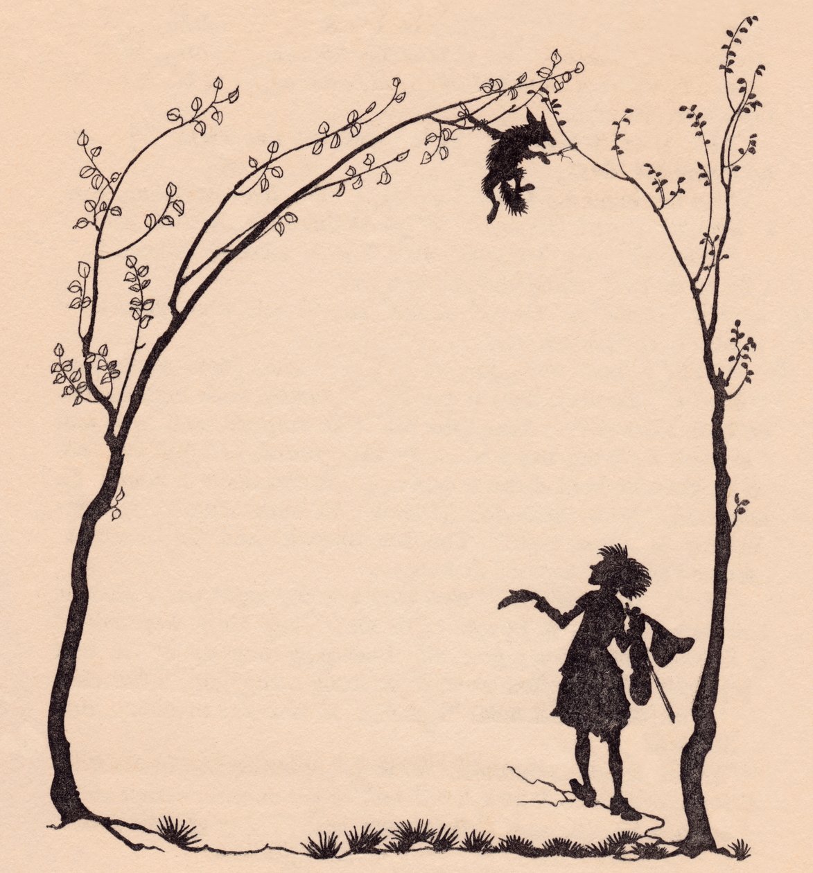 Un zorro atado por las patas a dos avellanos. Ilustración de Arthur Rackham del cuento de hadas de Grimm, El músico maravilloso. de Arthur Rackham