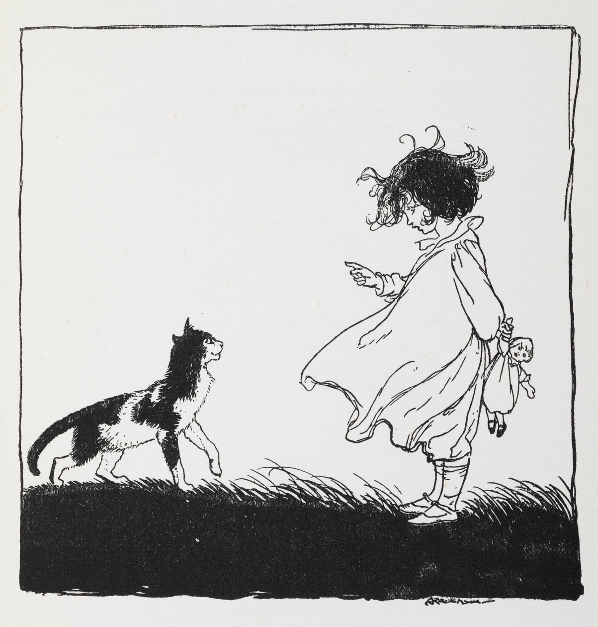 Una niña con una muñeca regaña a su gato. de Arthur Rackham