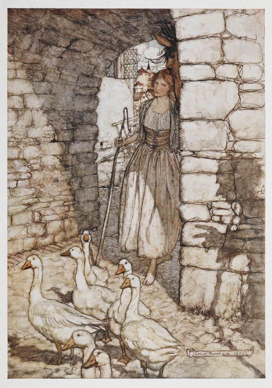 Una chica con gansos. de Arthur Rackham