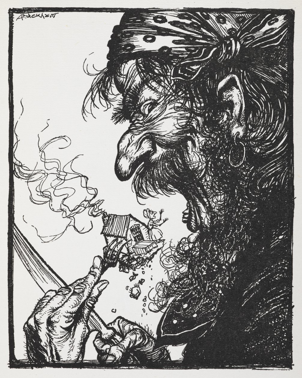Un hombre grande comiéndose a una señora pequeña y su casa. de Arthur Rackham