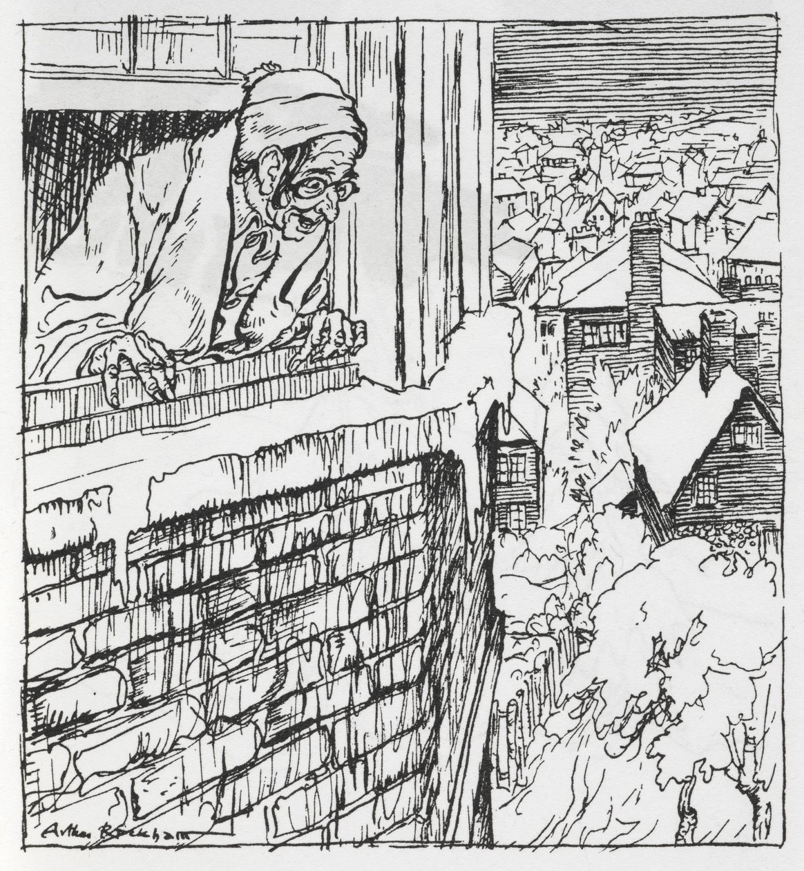 Un hombre mirando por la ventana de Arthur Rackham