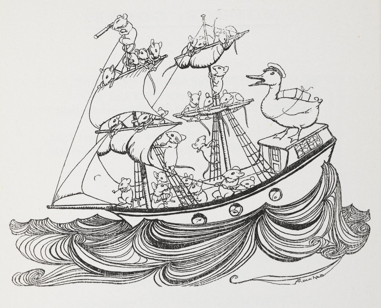 Un barco tripulado por ratones y capitaneado por un pato. de Arthur Rackham