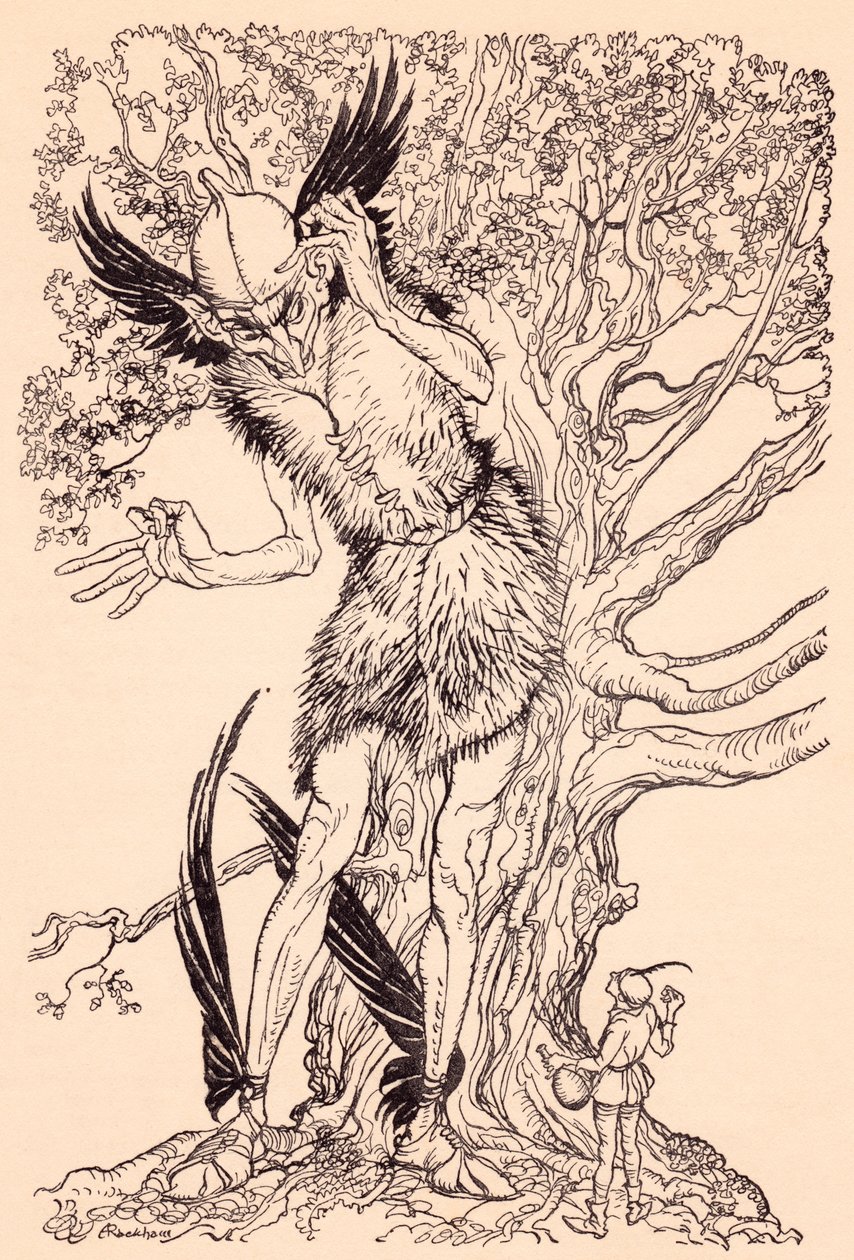 Un tipo terrible, la mitad de grande que el árbol junto al que estaba. Ilustración de Arthur Rackham del cuento de Grimm El espíritu en la botella de cristal. de Arthur Rackham