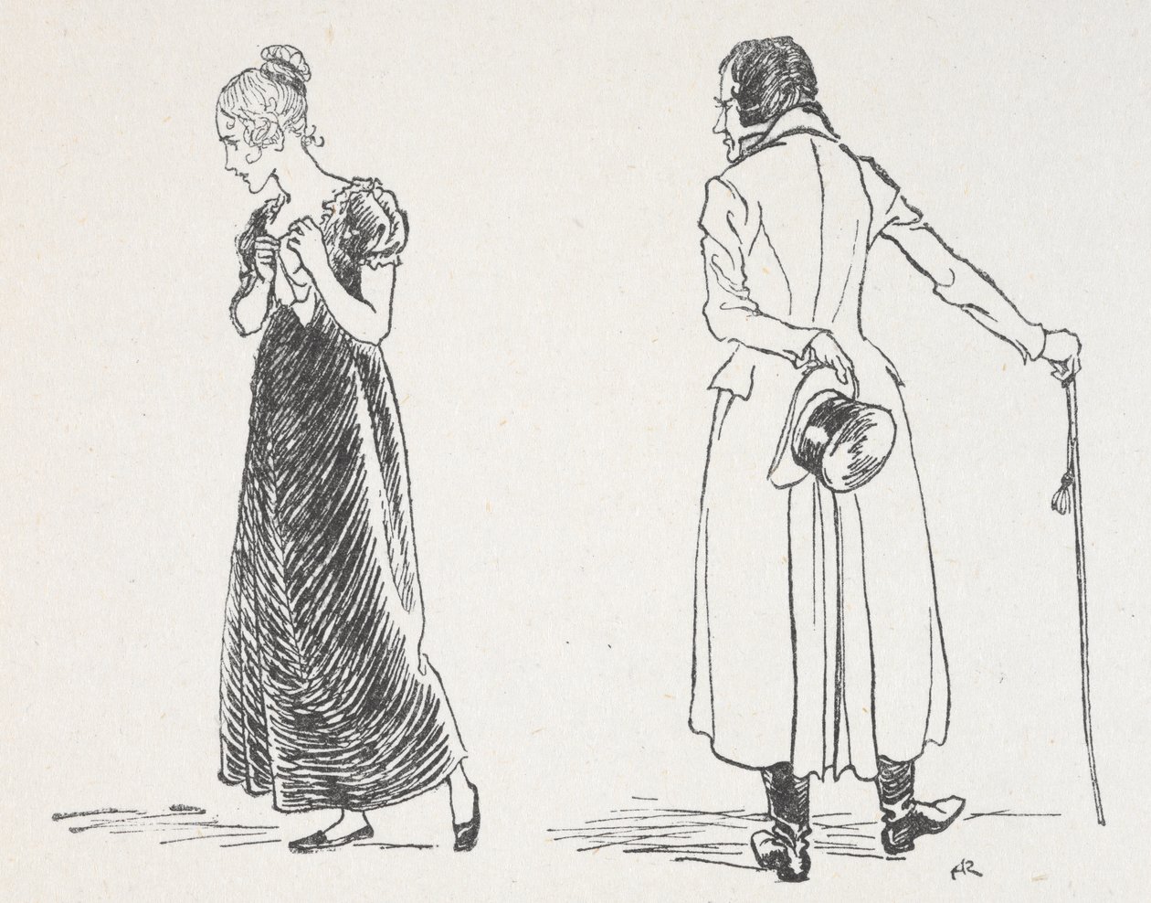 Una joven pareja discute, la mujer se ha dado la vuelta apretando un pañuelo contra su pecho. de Arthur Rackham