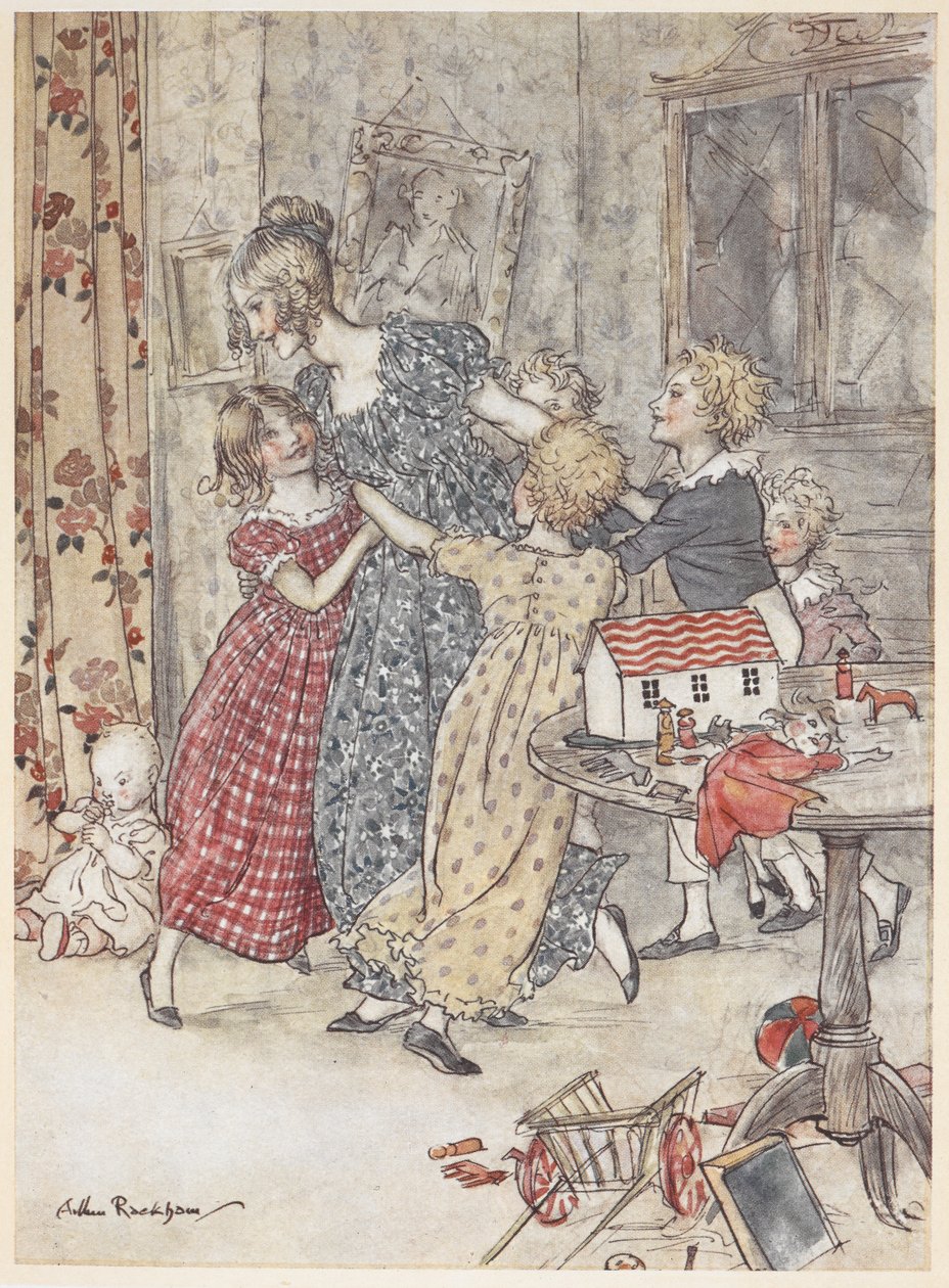 Una joven y sus hijos bailan alrededor de una sala de juegos llena de juguetes de Arthur Rackham