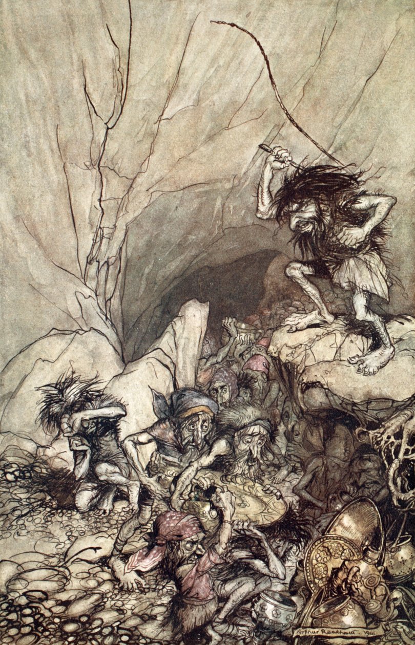 Alberich conduce una banda de nibelungos con tesoros de oro y plata, 1910 de Arthur Rackham