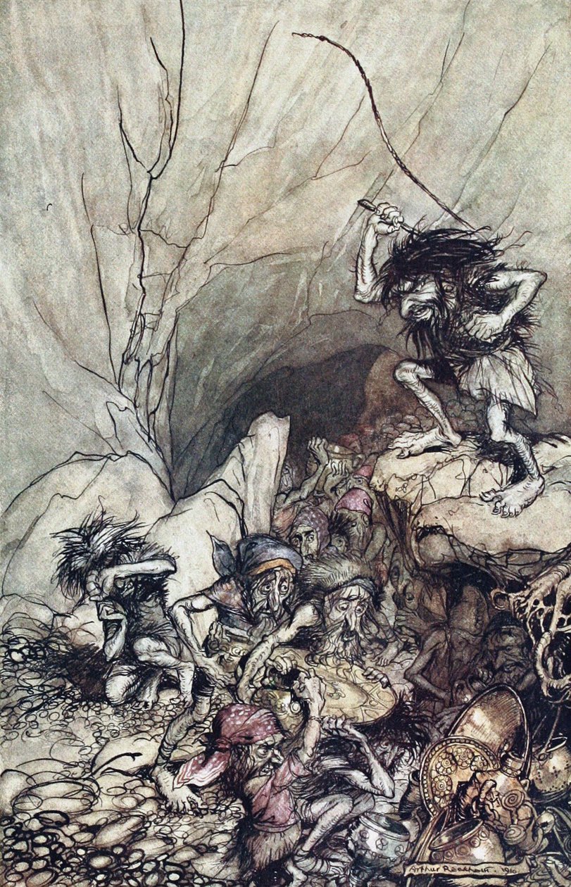 Alberich conduce una banda de Nibelungos cargados con tesoros de oro y plata. Ilustración para El Rhi de Arthur Rackham