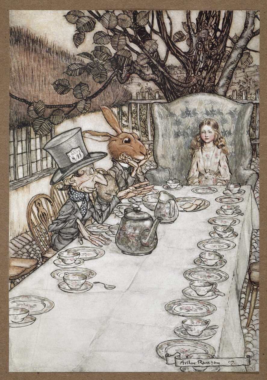 Alicia en la fiesta del té del Sombrerero Loco con la Liebre de Marzo, el Lirón y el Sombrerero Loco de Arthur Rackham