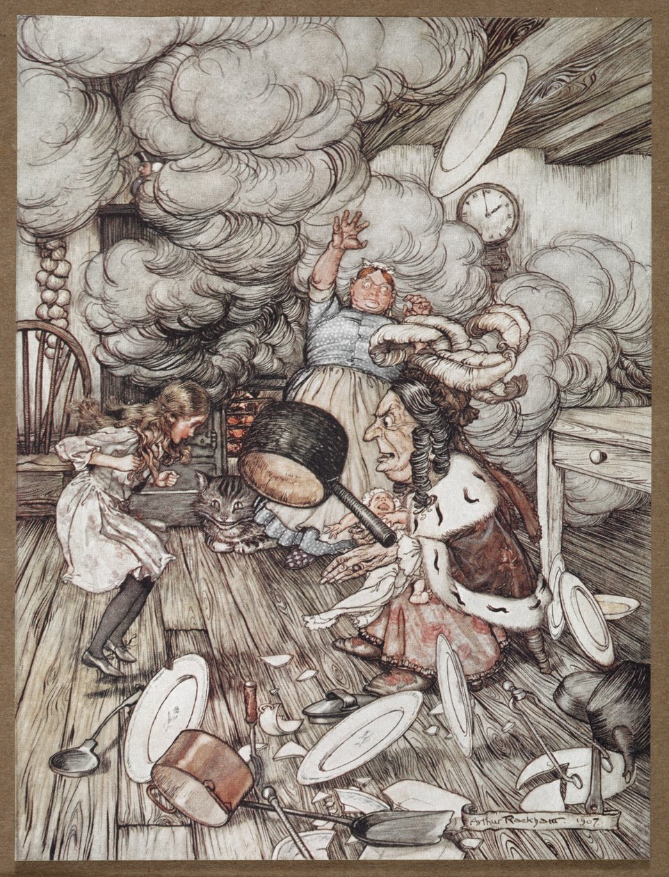 Alicia en la cocina con la Duquesa, un cocinero y el Gato de Cheshire de Arthur Rackham