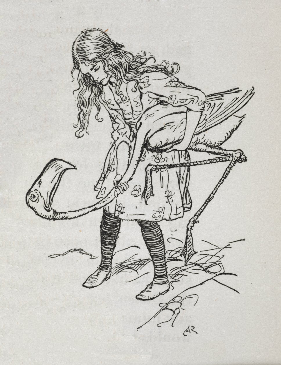 Alicia jugando al croquet con un flamenco de Arthur Rackham