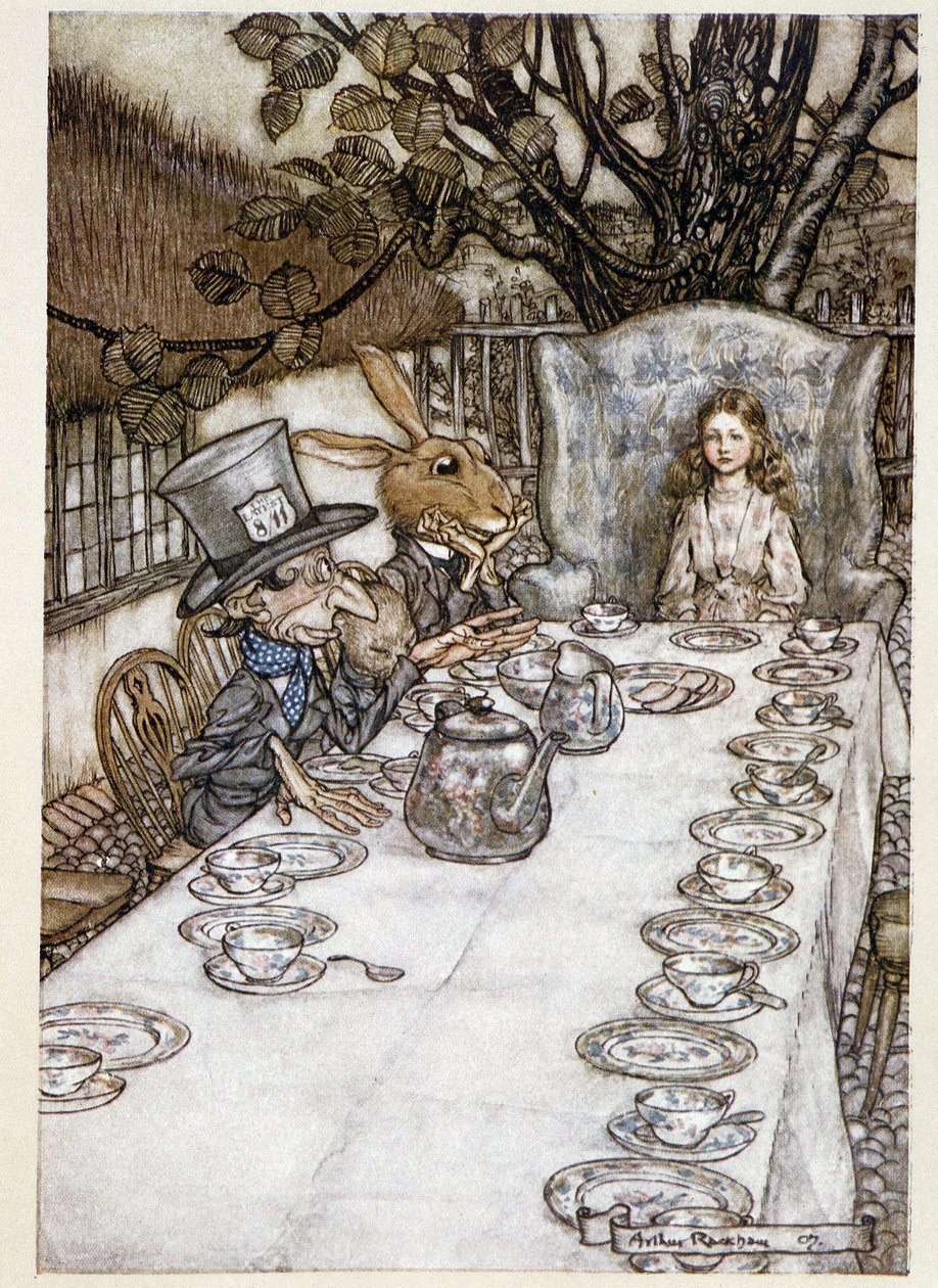Alicia toma el té en la fiesta de los locos (El Sombrerero y la Liebre de Marzo) - en “Las aventuras de Alicia en el país de las maravillas”, Lewis Carroll, ilustrado por Arthur Rackham (1867-1939) de Arthur Rackham