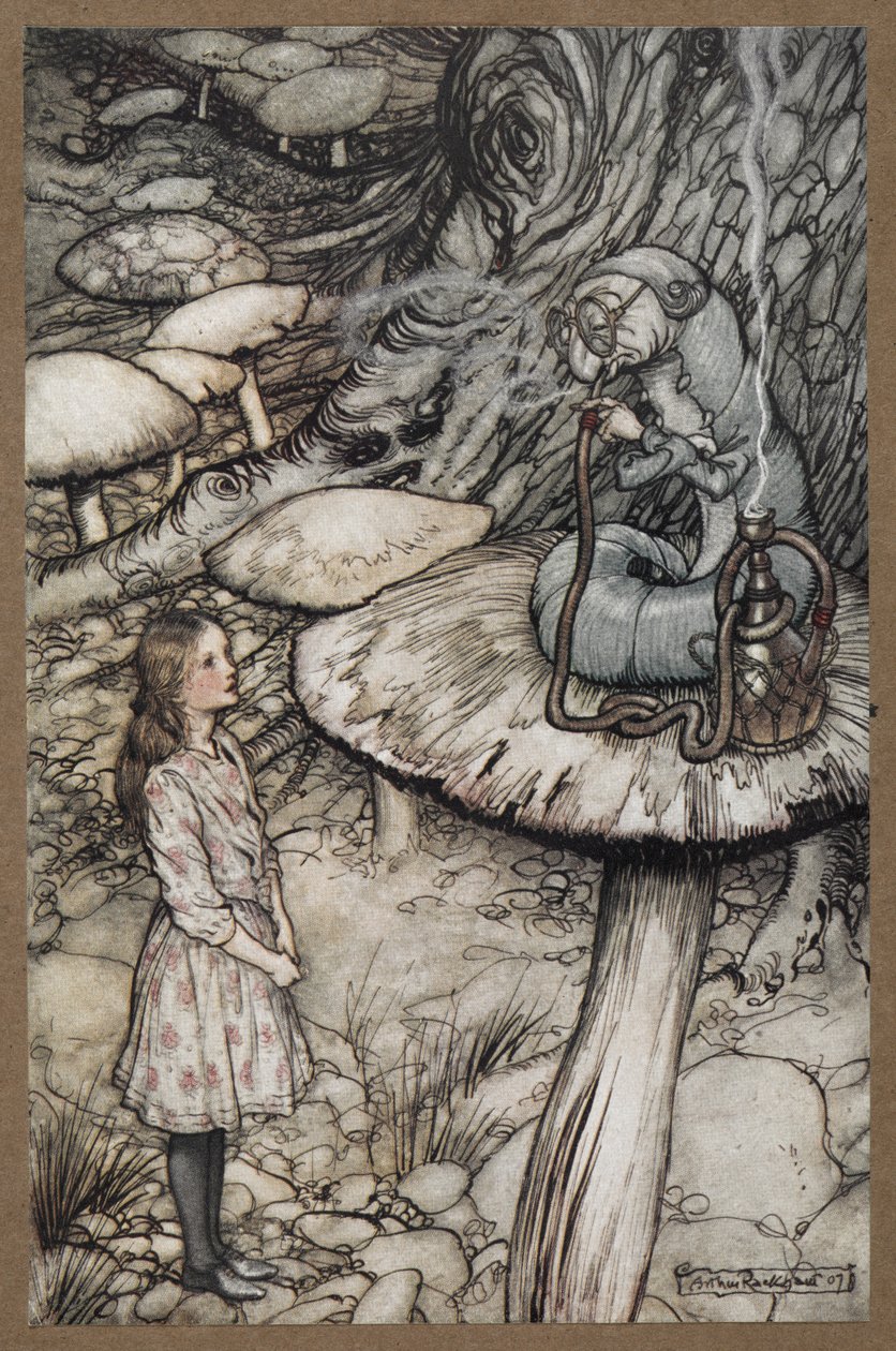 Alicia hablando con la Oruga que está sentada en una seta fumando en pipa de Arthur Rackham