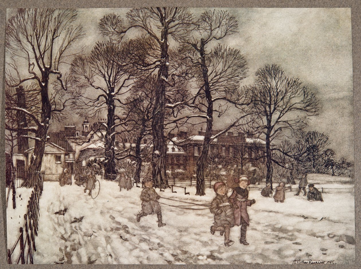 Una tarde cuando los jardines estaban blancos de nieve, de Peter Pan en los jardines de Kensington de J. M. Barrie (1860 - 1937), pub. 1906 de Arthur Rackham