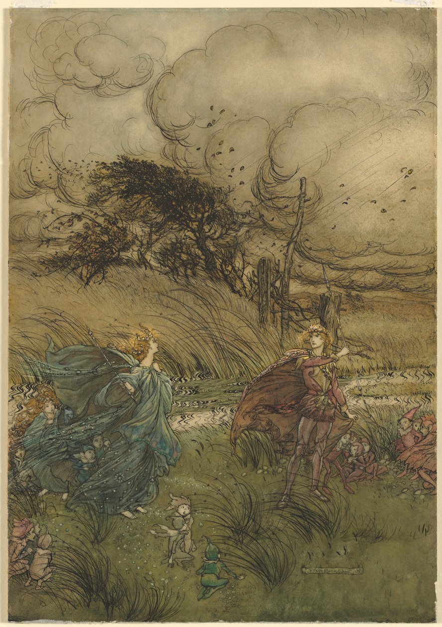 "Y ahora nunca se encuentran en arboleda o verde," del acto 2, escena 1 de Sueño de una noche de verano de William Shakespeare de Arthur Rackham