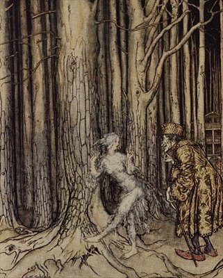Al fin conoció al Novio que volvía lentamente, ilustración de Fitchers Bird de Little Brother, Little Sister de los Hermanos Grimm, 1917 de Arthur Rackham