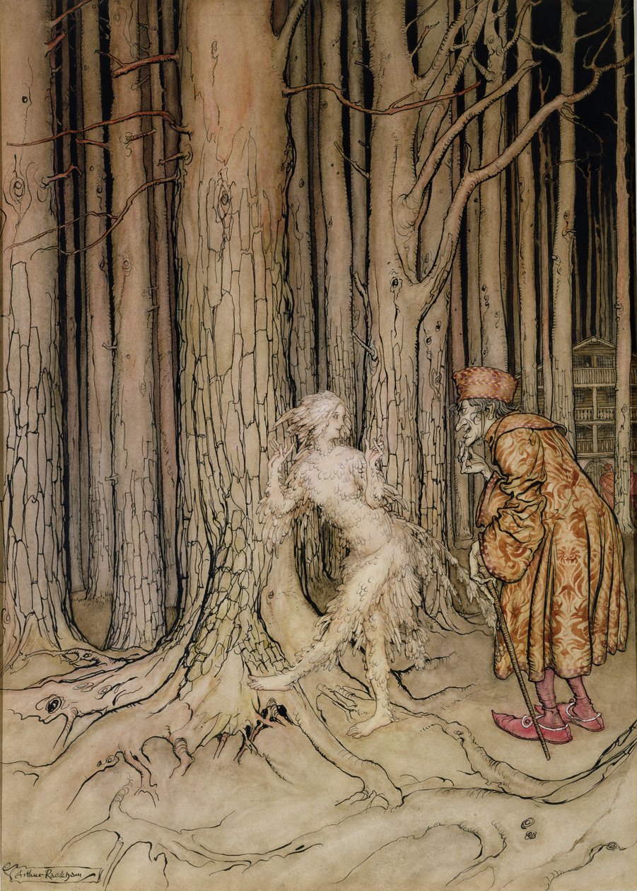 Finalmente conoció al novio que volvía lentamente, ilustración de Fitchers Bird, de Little Brother, Little Sister, por los Hermanos Grimm, 1917 de Arthur Rackham
