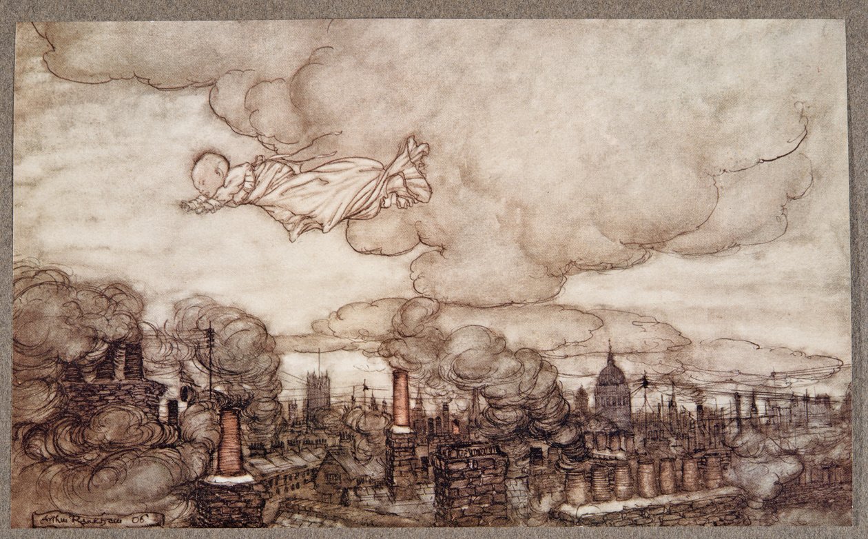 Voló sobre las casas hasta los Jardines, de Peter Pan en los Jardines de Kensington de J M Barrie, pub. 1906 de Arthur Rackham