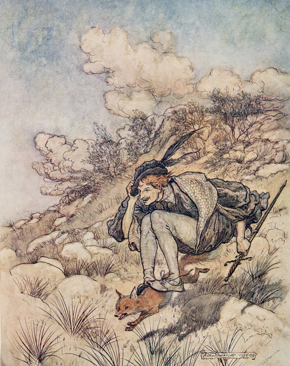 Se alejaron volando sobre troncos y piedras, a tal velocidad que su cabello silbaba en el viento, de Los cuentos de hadas de los hermanos Grimm, pub. 1909 de Arthur Rackham