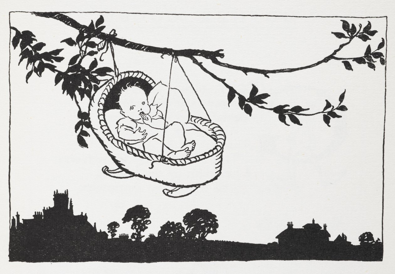 Bebé en cuna colgado de una rama. de Arthur Rackham