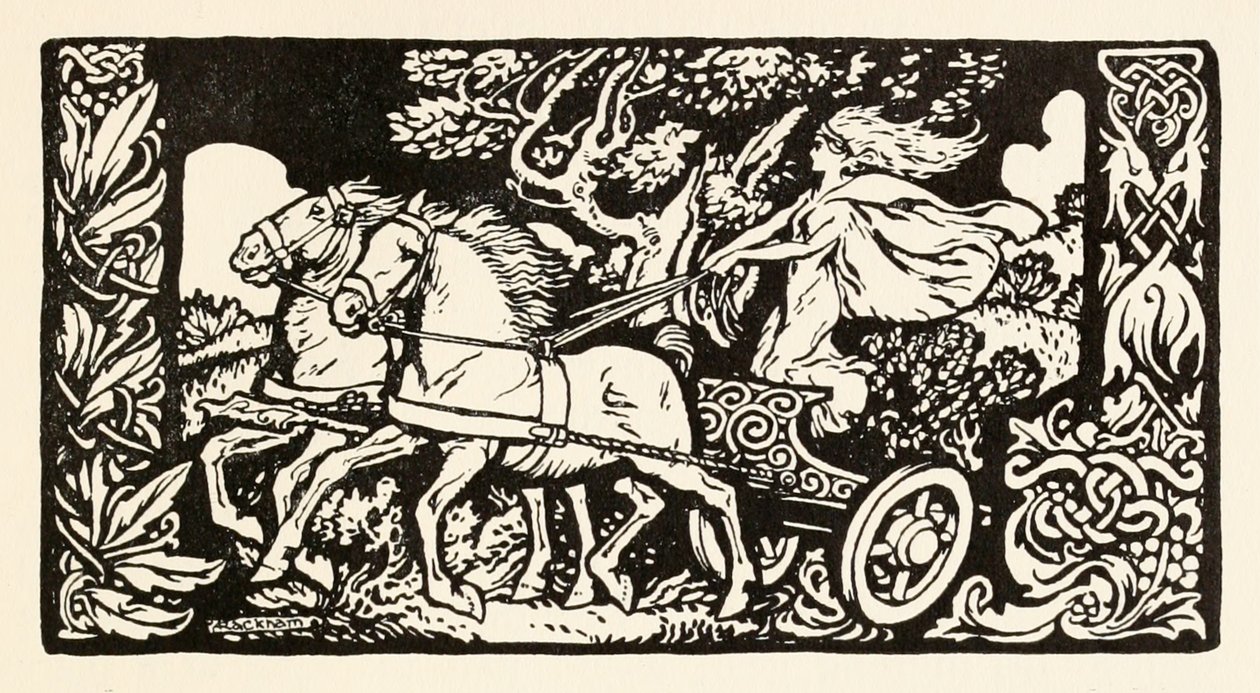 Becfola en su carro de El cortejo de Becfola en Cuentos de hadas irlandeses de Arthur Rackham