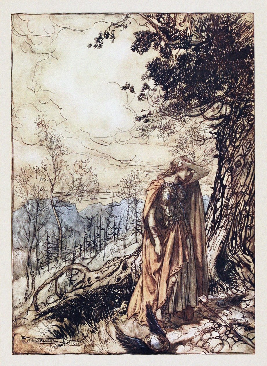 Brünnhilde. Ilustración para El oro del Rin y La valquiria de Richard Wagner, 1910 de Arthur Rackham