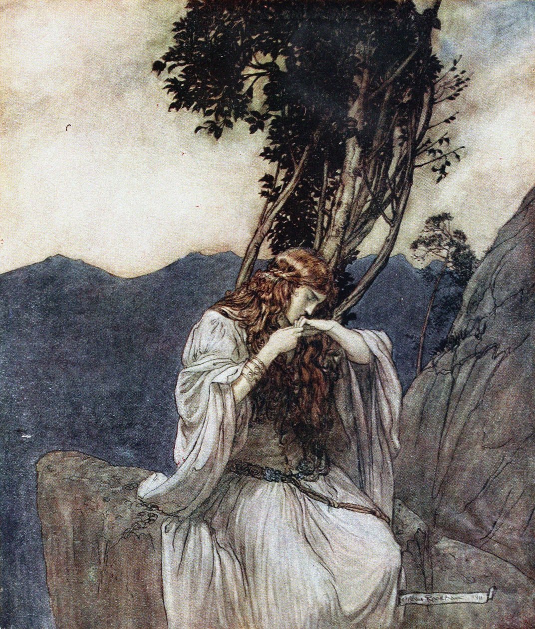 Brünnhilde besa el anillo que Siegfried ha dejado con ella. Ilustración para Siegfried y El Crepúsculo de Arthur Rackham