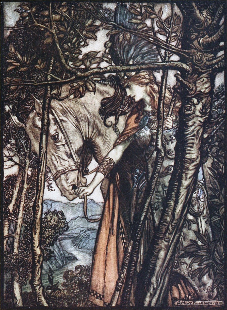 Brünnhilde lleva a su caballo por la brida. Ilustración para El oro del Rin y La valquiria de Richa de Arthur Rackham