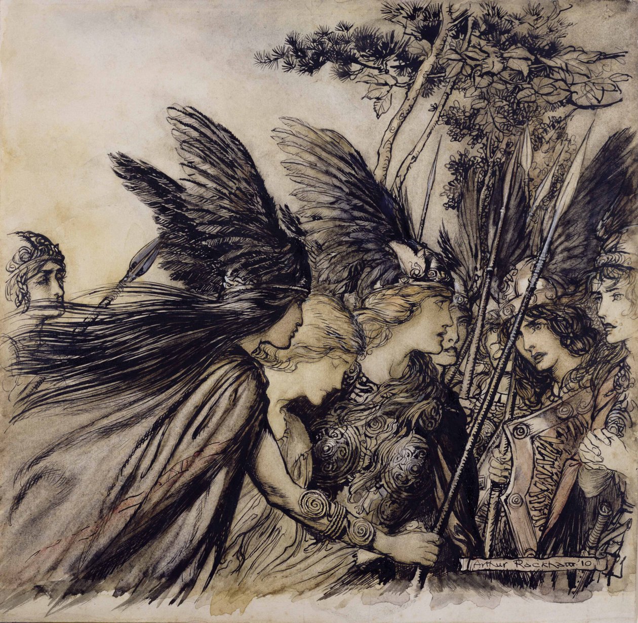 Brunilda Implora a las Valquirias, Ilustración de El Oro del Rin y la Valquiria, por Richard Wagner, edición publicada en 1910 de Arthur Rackham