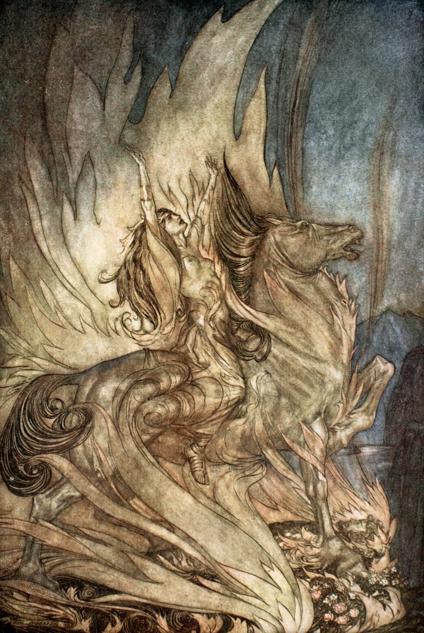 Brunilda en Grane salta a la pira funeraria de Sigfrido, 1924 de Arthur Rackham