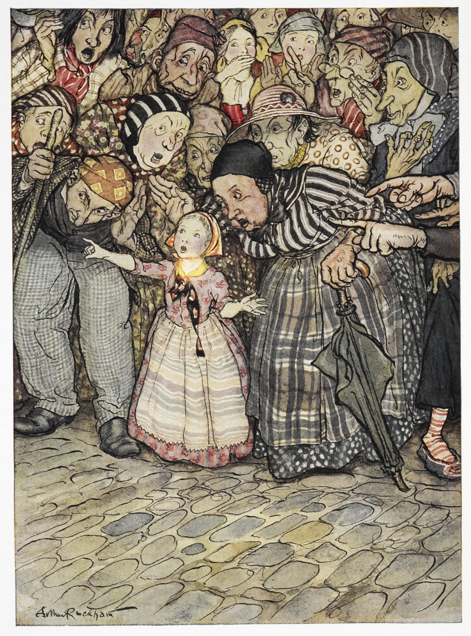 "Pero si no lleva nada puesto", dijo un niño pequeño. Ilustración en color del cuento "El traje nuevo del emperador". de Arthur Rackham
