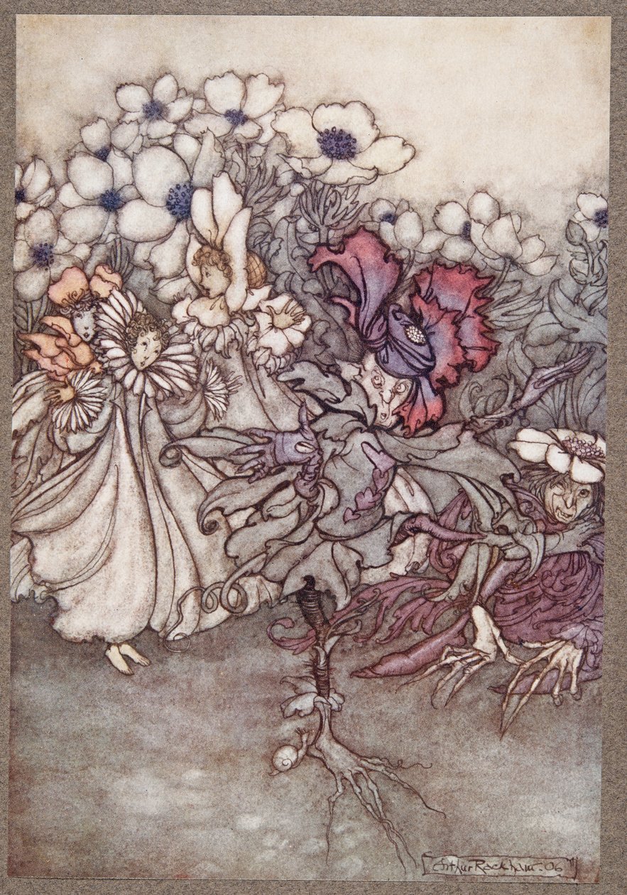Pero si miras, y temen que no haya tiempo para esconderse, se quedan quietos fingiendo ser flores, de Peter Pan en los Jardines de Kensington de J M Barrie, pub. 1906 de Arthur Rackham