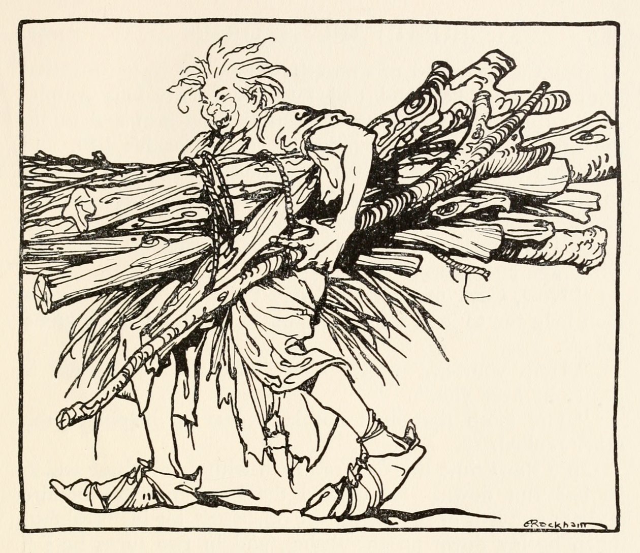 Carl construyendo un refugio para la noche de El Carl del abrigo drab en Cuentos de hadas irlandeses de Arthur Rackham