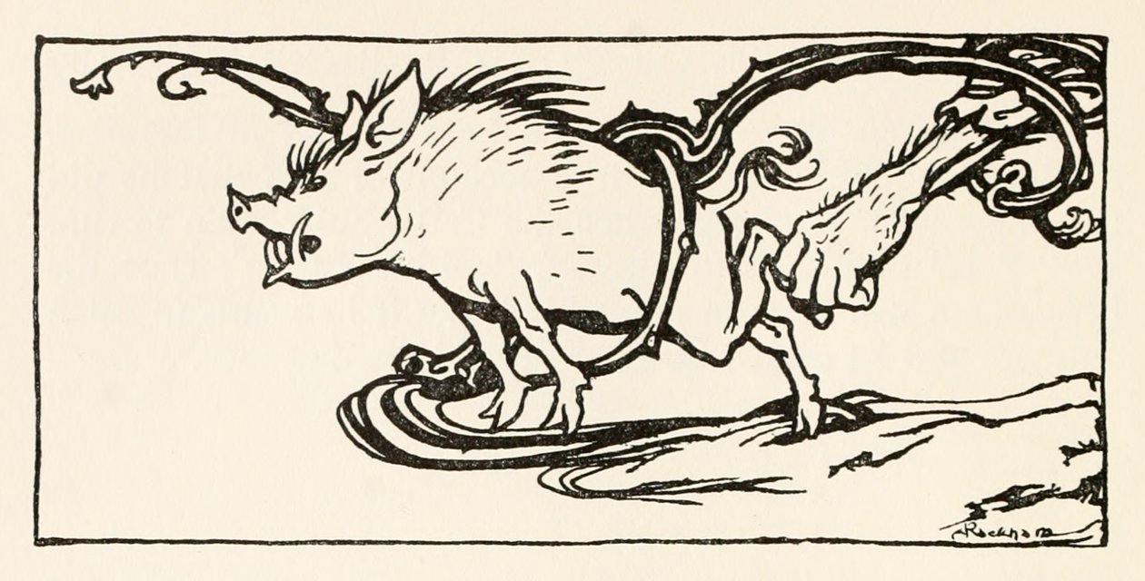 Carl atrapando un jabalí para su cena de El Carl del abrigo drab en Cuentos de hadas irlandeses de Arthur Rackham