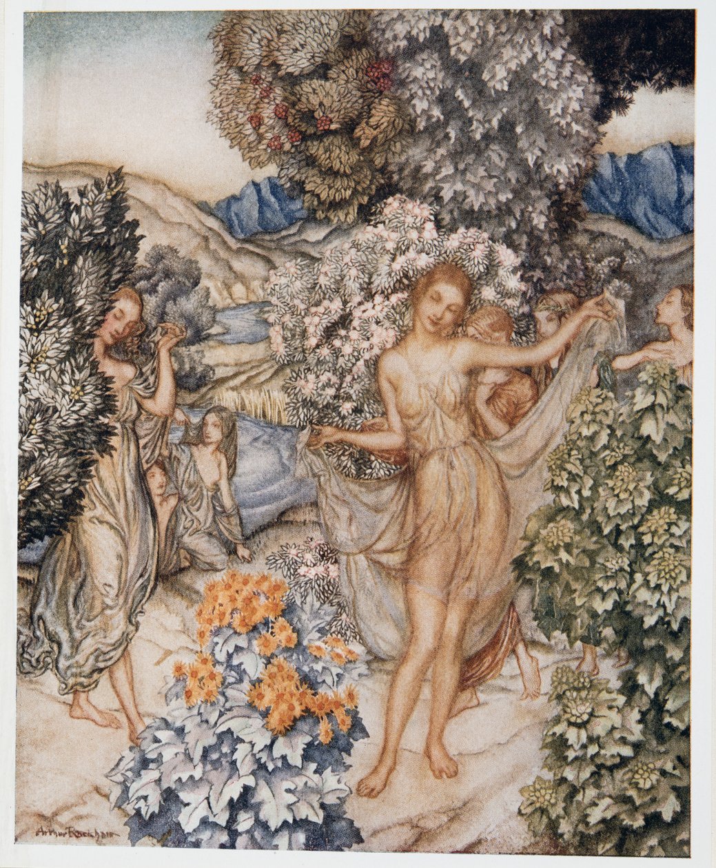 Venid, ninfas templadas, y ayudad a celebrar un contrato de verdadero amor, ilustración de La Tempestad de William Shakespeare, pub. 1926 de Arthur Rackham