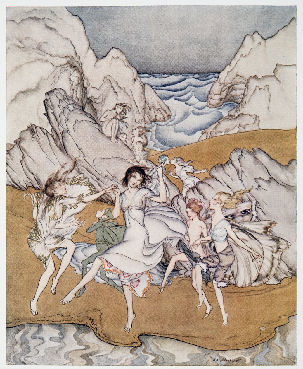 Venid a estas arenas amarillas, ilustración de La Tempestad de William Shakespeare, pub. 1926 de Arthur Rackham
