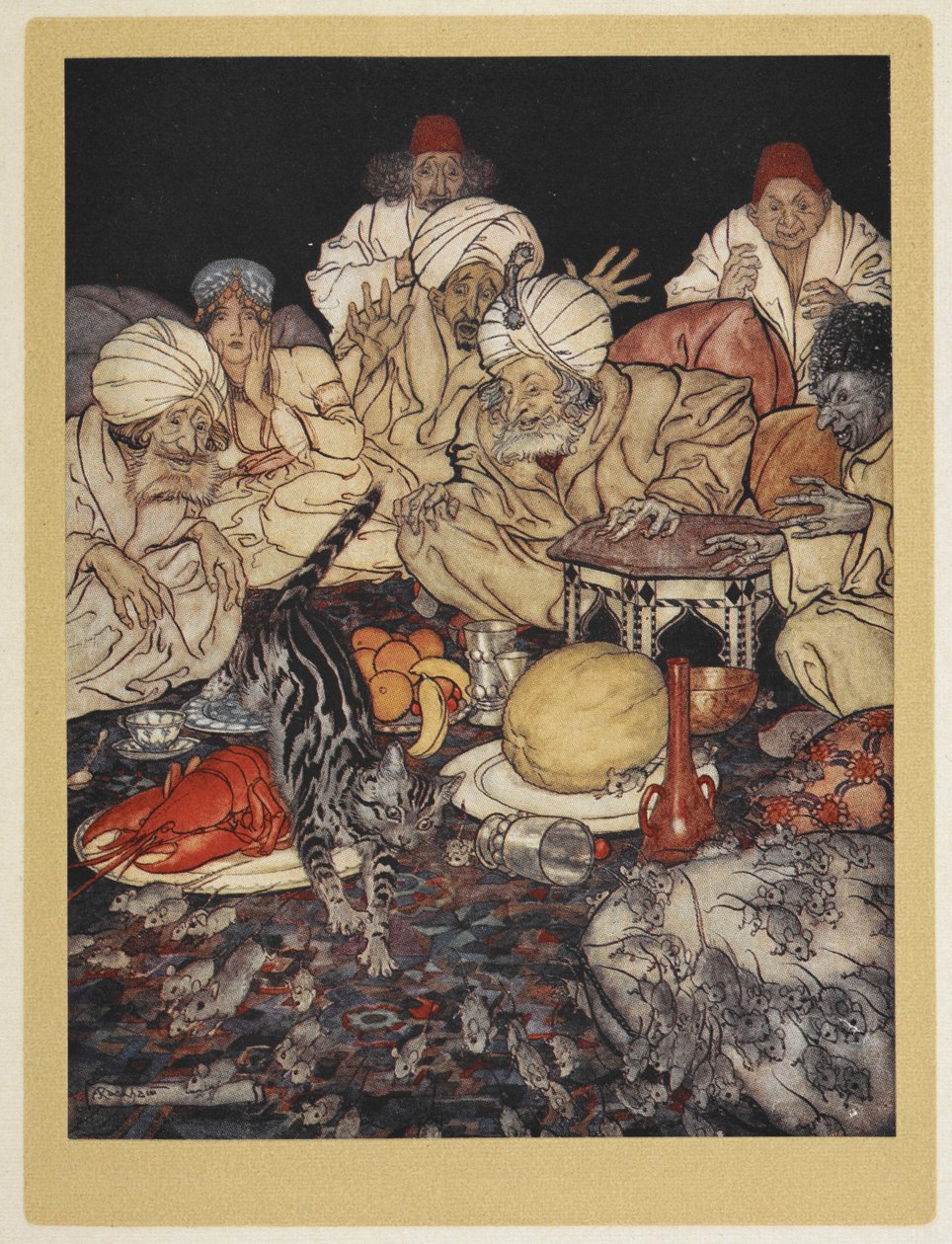 El Gato de Dick Whittington montando al Rey de los Moros de sus ratones. de Arthur Rackham