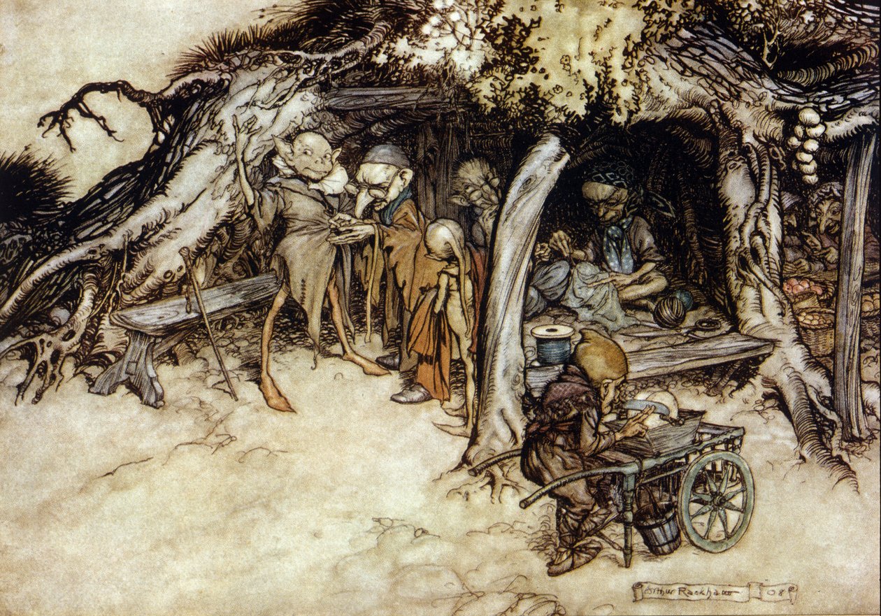 Los duendes hacen una chaqueta. Ilustración de Arthur RACKHAM (1867-1939) para El Sueño de una Noche de Verano de William SHAKESPEARE de Arthur Rackham