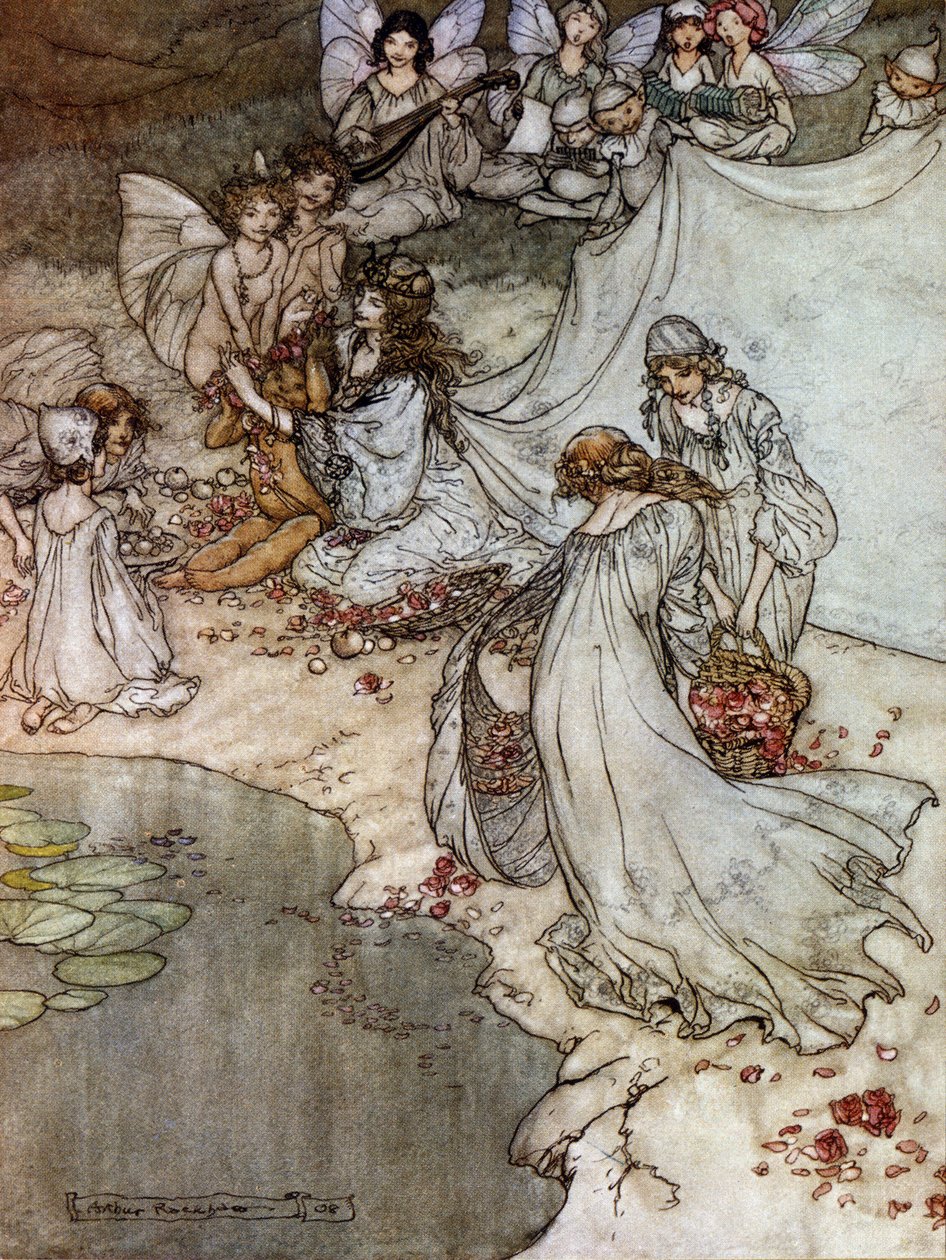 Elfos haciendo collares de rosas. Ilustración de Arthur RACKHAM (1867-1939) para El sueño de una noche de verano de William SHAKESPEARE de Arthur Rackham