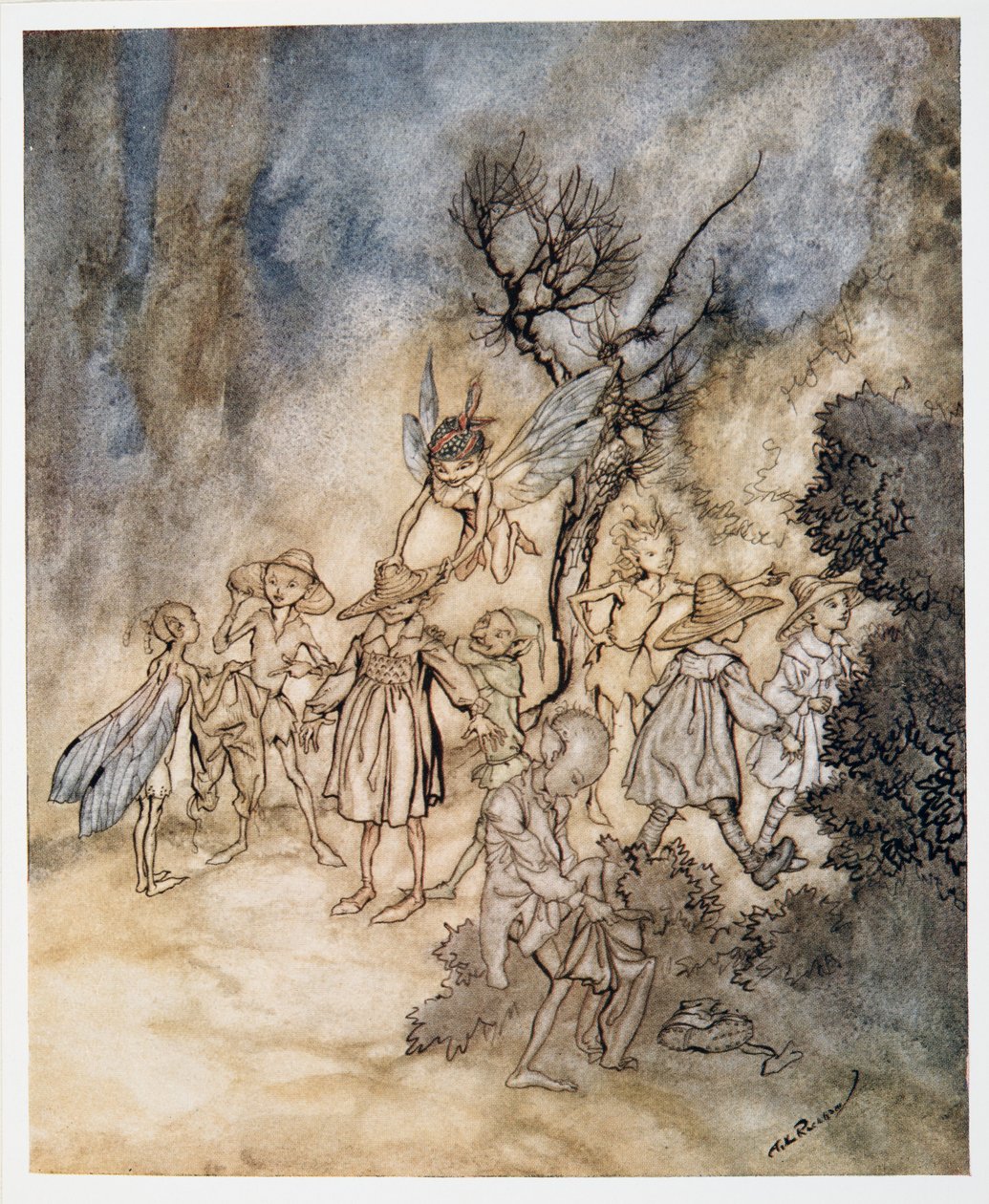 Entran ciertos segadores, adecuadamente vestidos, ilustración de La Tempestad de William Shakespeare, pub. 1926 de Arthur Rackham