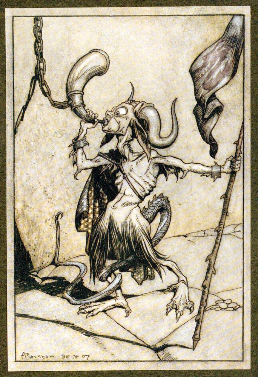 Antes de que la trompeta en la Puerta de la Torre Barbican fuera soplada con un fuerte poder de veinte trompetistas, 1907 de Arthur Rackham