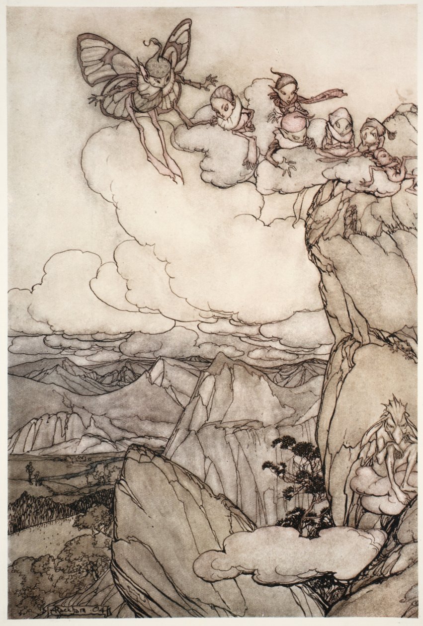 Hadas en las montañas., de Rip Van Winkle por Washington Irving, pub. 1910 de Arthur Rackham