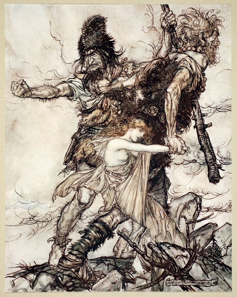 Fasolt de repente agarra a Freia y la arrastra a un lado con Fafner, 1910 de Arthur Rackham