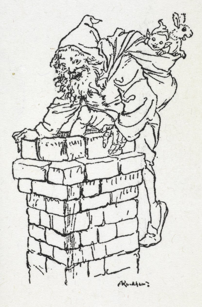 Papá Noel bajando por una chimenea con un saco de regalos de Arthur Rackham