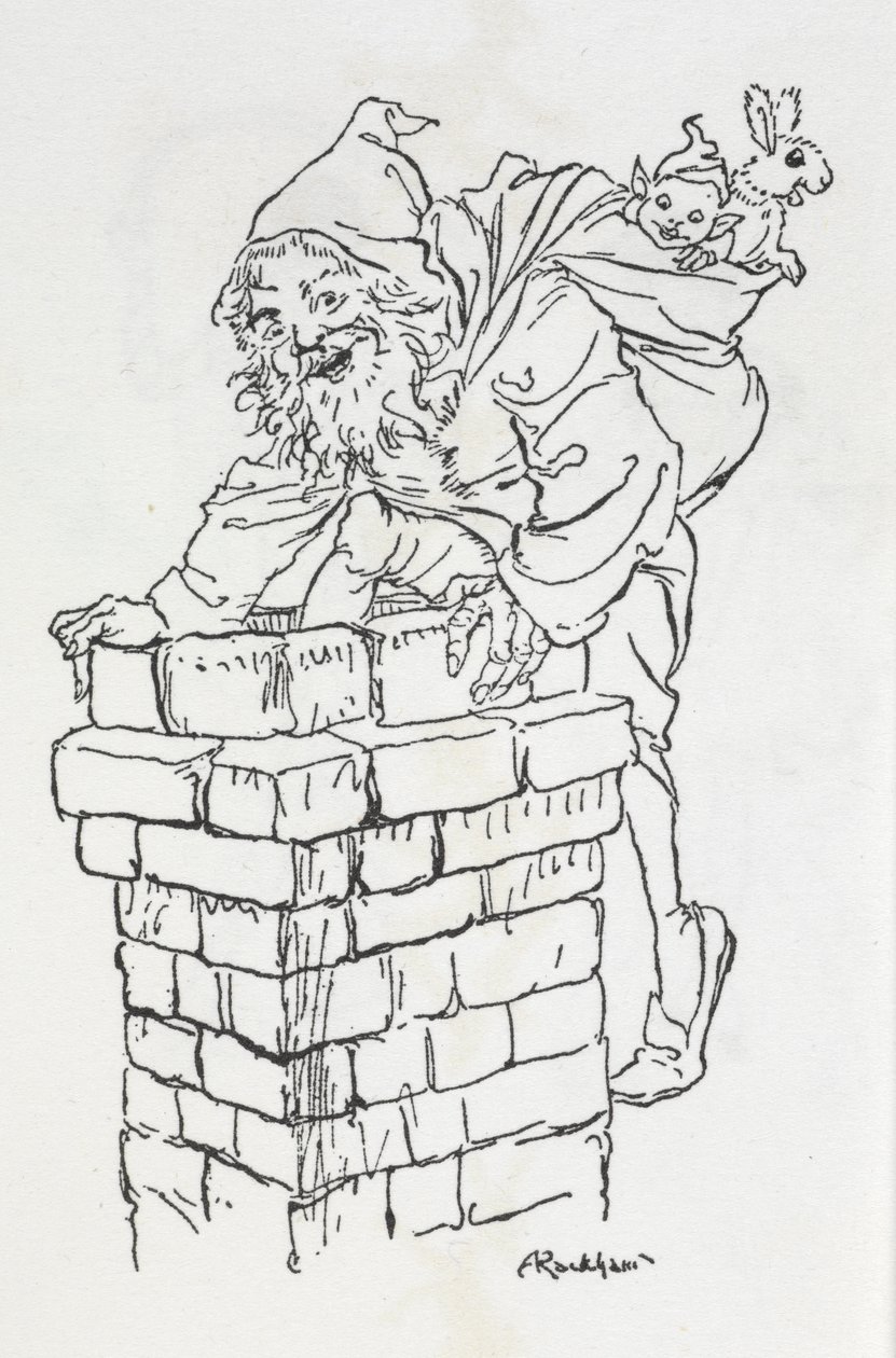 Papá Noel subiendo a una chimenea con regalos de Arthur Rackham