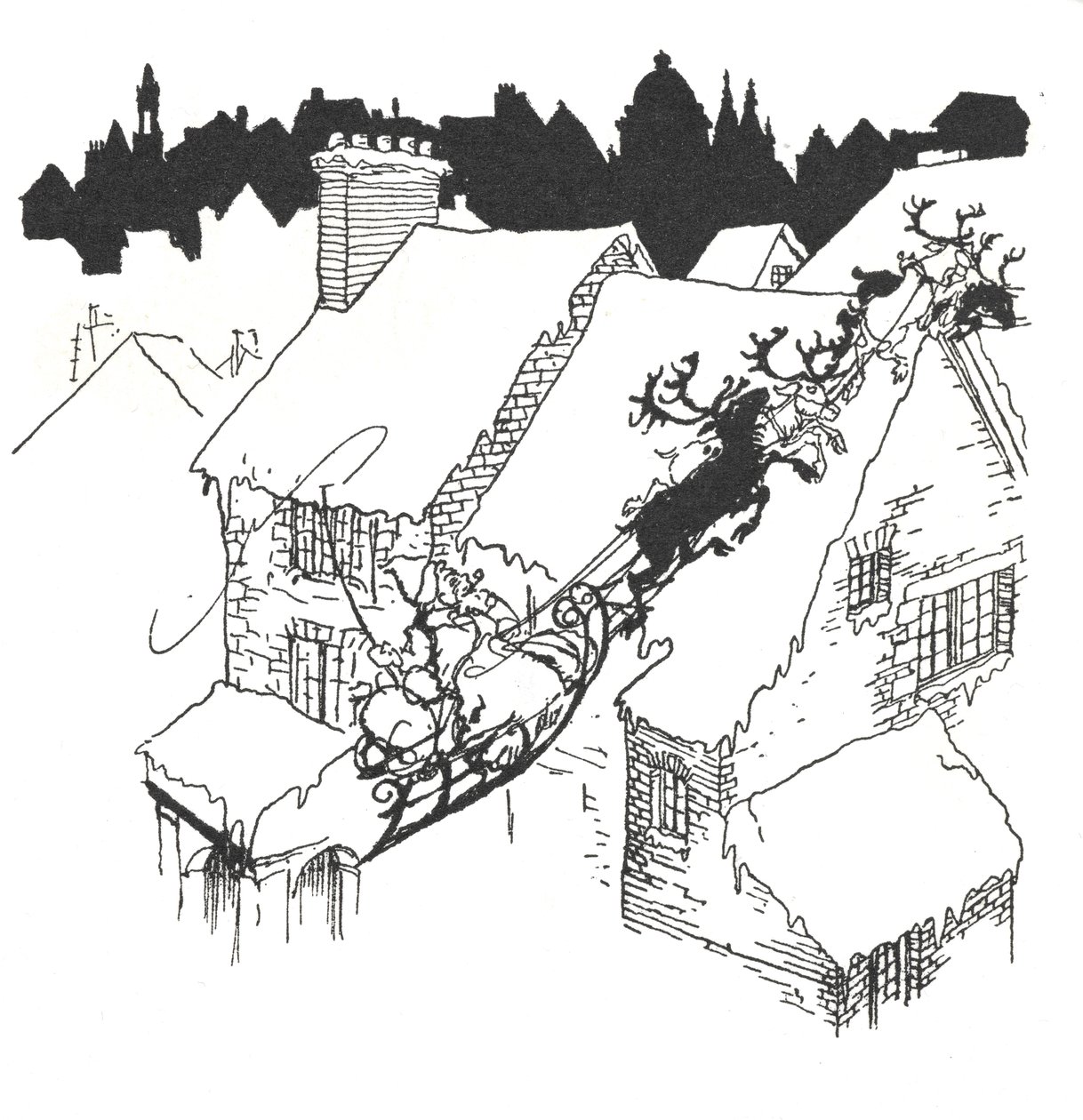 Papá Noel en su trineo sobrevolando tejados nevados de Arthur Rackham