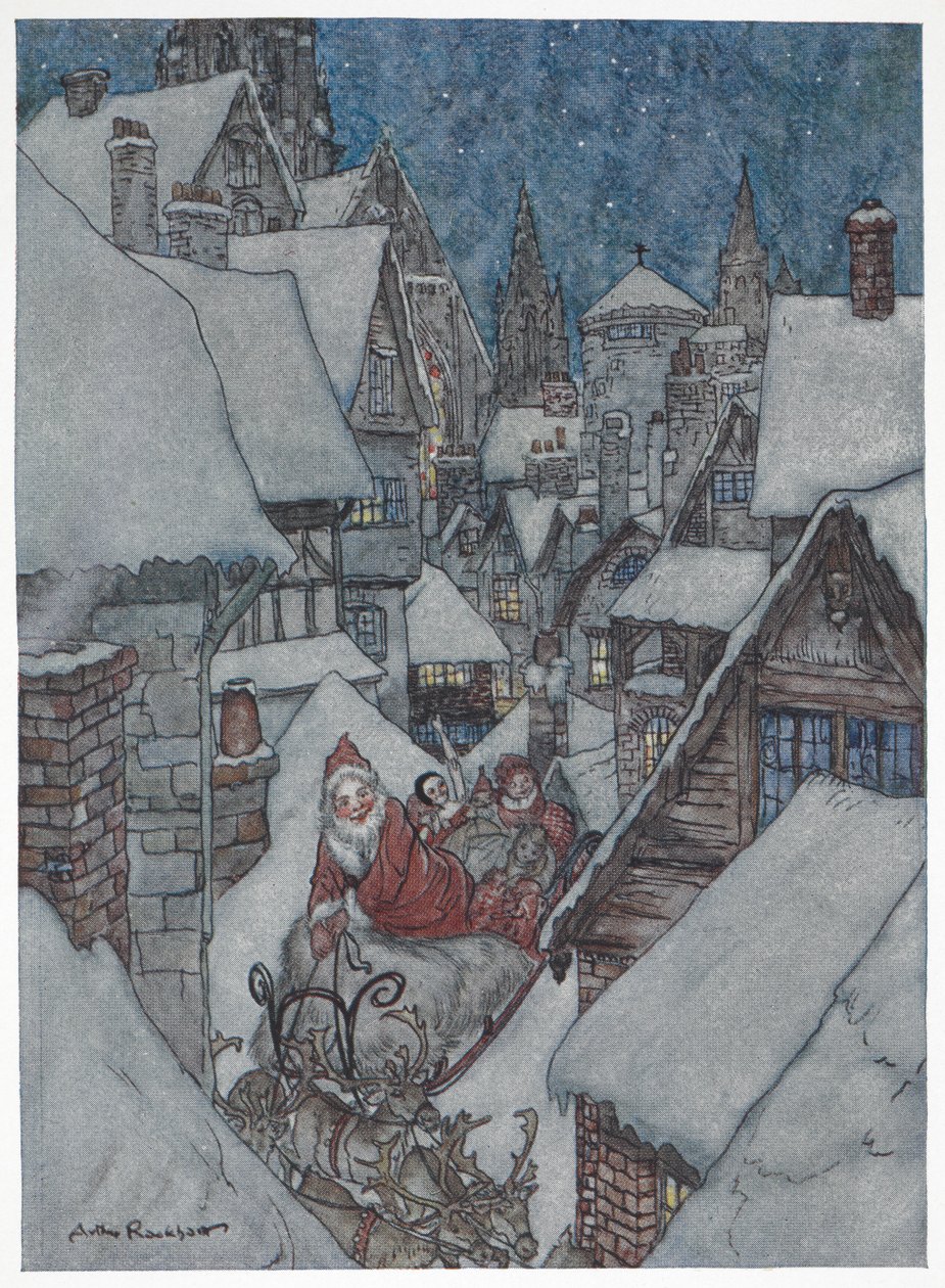 Papá Noel recorriendo las calles nevadas en su trineo de Arthur Rackham
