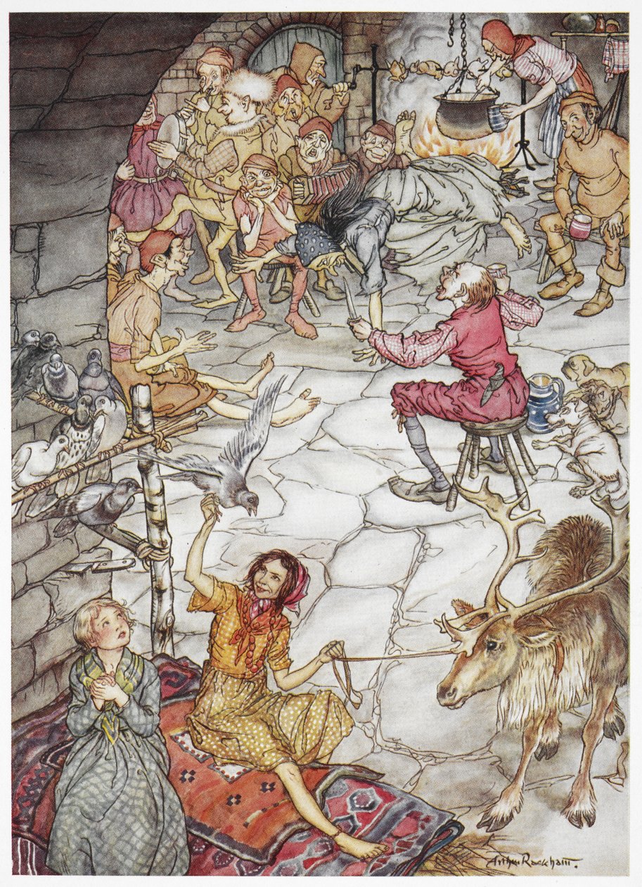 "Gerda y la niña ladrona en el castillo de los ladrones". Dos niñas sentadas en una cama, una de ellas sujetando una cuerda a la que está atado un reno. Sobre ellas se posan palomas torcaces. Un grupo de hombres, ladrones, están sentados alrededor de una h de Arthur Rackham