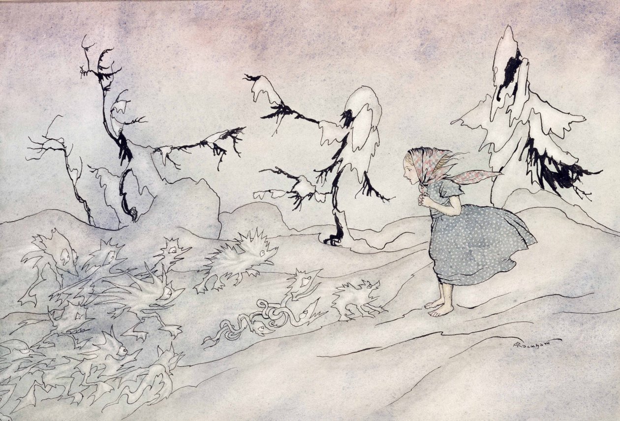 Gerda está aterrorizada por la guardia avanzada de la Reina de las Nieves, pero dijo Nuestro Padre y es rescatada por pequeños ángeles brillantes, ilustración de La Reina de las Nieves de Hans Christian Andersen, publicada en 1932 de Arthur Rackham