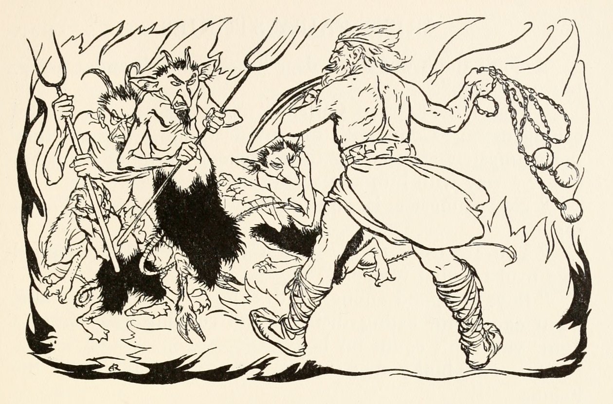 Goll mac Morna asaltando el infierno para rescatar a Fionn y los Fianna-Finn de La pequeña pelea en Allen en Cuentos de hadas irlandeses de Arthur Rackham
